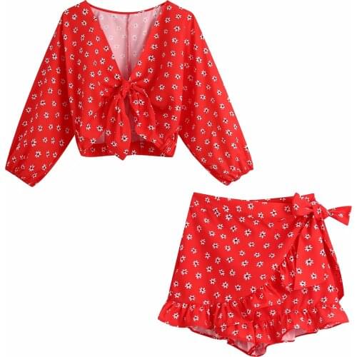 Za New Summer Women Retro Printing Simple Style Half Sleeve Twisted Pullover Short Shirt Casual Chic Tops And Ruffle Skirt