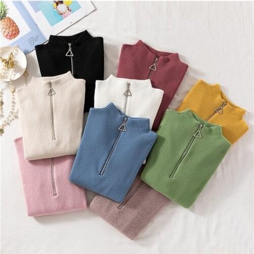 Autumn and Winter Sweater Women Fashion Zipper Mock Turtleneck Casual Woman Sweaters Slim Fit Short Style Lady Sweaters
