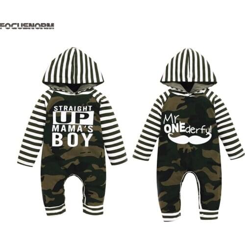 FOCUSNORM 0-24M Infant Baby Boys Rompers Camouflage Striped Print Long Sleeve Hooded Autumn Jumpsuit