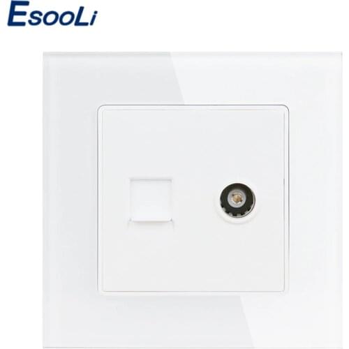 Esooli White Luxury Crystal Glass Panel RJ45 Internet Data Computer Jack CAT5E Connector With Female TV Outlet Wall Socket