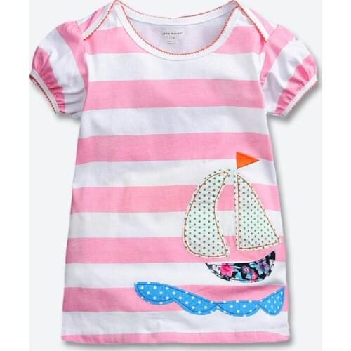 Pink Stripe Applique Girls Dress Summer Short Sleeve Baby Kids Dresses Cute Cartoon Patches Cotton Childrens Clothes 1-6 Years