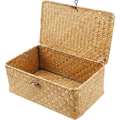 Wicker Storage Baskets with Lids,Seagrass Baskets Natural Rattan Woven Baskets Organizer Box for Living Room Bathroom