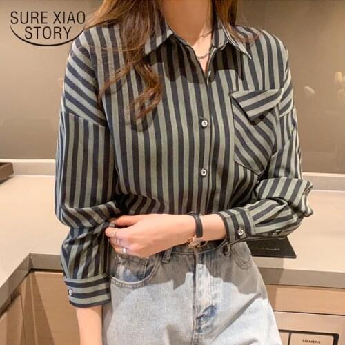 Plus Size Loose Shirts Tops Female Office Lady Striped Chiffon Blouse Shirt Women New Spring Button Casual Blouses Blusas 13018