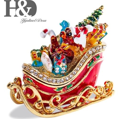 H&D Christmas Decor for Home Enameled and Bejeweled Hand Painted Sled Bear Trinket Boxes Hinged Jewelry Ring Holder Xmas Gift