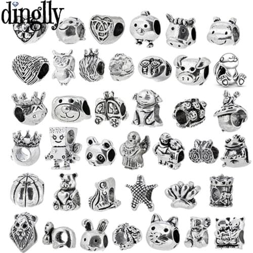 Dinglly Silver Color Animal Beads Lion Owl Charm Fit Bracelet & Necklace Jewelry Fashion Accessory Beaded Dropshipping