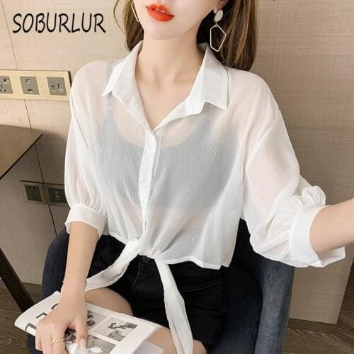 SOBURLUR 2021 Summer New Solid Color Wild Chiffon Sunscreen Cardigan Basic Blouses Womens Shirt Blousas Women‘s Clothing