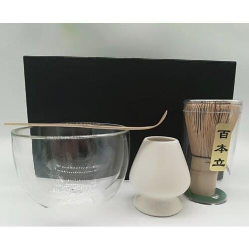 Super Japanese Matcha Tea Kit - Double Walled Glass Matcha Bowl 100 prongs Chasen Whisk Stand Hooked Bamboo Scoop in Gift Box