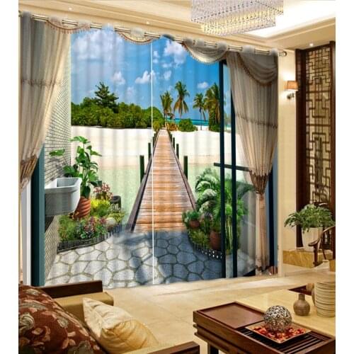Window Blackout 3D Curtains set For Bed room Living room Office Hotel Home Wall Decorative Balcony, beach, wooden bridge Curtain