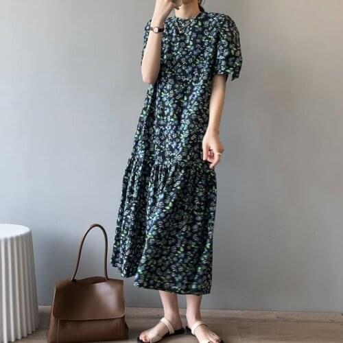 O Neck Loose Boho Style Floral Print Pleated Dress short Sleeve Women long Dress Ladies Dresses Beach Sundress Vestido
