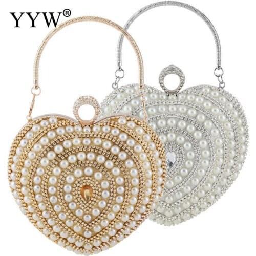 Heart Shape Beaded Evening Bags Women Clutch Bag Luxury Top-Handle Crystal-Embellished For Ladies Wedding Party Handbag Metal