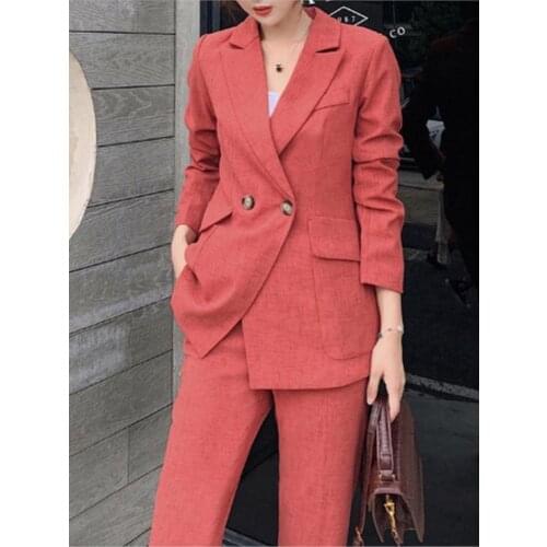 Vintage Spring Womens Pantsuit Notched Blazer Jacket & 2020 Office Wear Female Sets