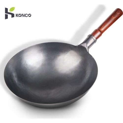 Hand Hammered Wok,Chinese Traditional Iron Wok No Coating Wooden Handle Non-stick Pan Kitchen Cookware