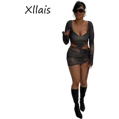 XLLAIS Casual Women Drawstring 2 Piece Set Printed Sexy Top and Skirts Vacation Outfits 2021 Rave Party Club Wear