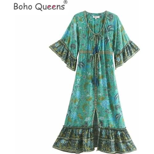 Boho Queens women floral print batwing sleeve rayon bohemian happie dresses Ladies V neck Tassel pleated Maxi dress vestidos