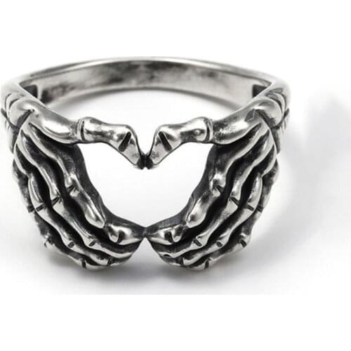 1PC Funny Gothic Hollow Heart Skeleton Rings for Men Women Vintage Punk Hip Hop Skull Hand Couple Ring Party Jewelry R346