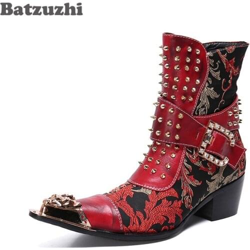 Batzuzhi Western Boots Men Rivets Punk Motorcycle Boots Men Party and Wedding Botas Hombre Metal Tip Cowboy Ankle Boots Men