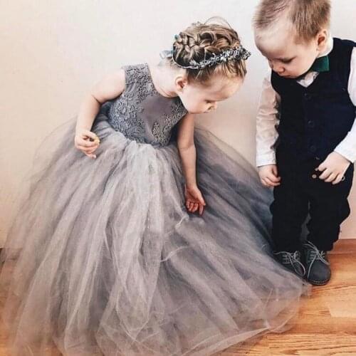 Grey Vintage Flower Girl Dresses Appliques Ball Gown Big Bow Back Floor Length Kids Party Wear vestido primera comunion 2020