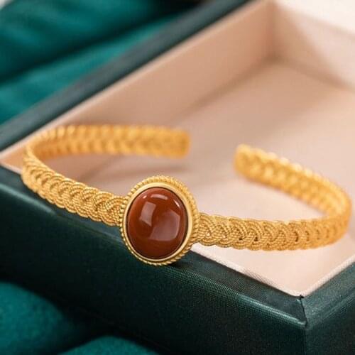 Designer original new silver inlaid southern red tourmaline open bracelet simple weaving fashion personality jewelry