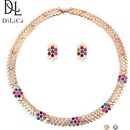 DiLiCa Fashion Costume Jewelry Set Rhinestone Metal Statement Bib Necklace Choker Collar Earrings for Women Gold Silver Color