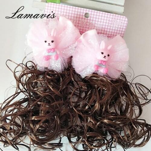 Korean Childrens Cute Wig Hair Accessories Blue Little Princess Girl Curly Hair Cute Bow Hairpin Jewelry 1 Pair
