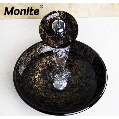 Monite Round Washbasin Lavatory Vessel Glass Bathroom Sink & Chrome Waterfall Chrome Brass Faucet mixer tap w/Drain Set
