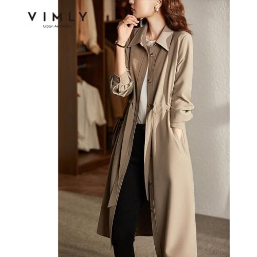 Vimly Trench Coat For Women Fashion Sashes Lapel Solid Long Jacket Office Lady Eelegant Loose Overcoat Female Windbreaker F8802