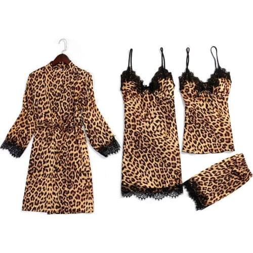 Newest Arrivals Women Leopard Nightdress Silk Satin Lace Vest Shorts Lingerie Pajama Kimono Sleepwear Long Robe Gown Set