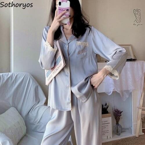 Pajama Sets Women Sweet Girls Sleepwear Tow Pieces Lace Kawaii Long Sleeves Harajuku Korean Style Soft Chic Loose Leisure Ins