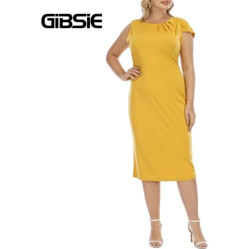 GIBSIE Pleat Front Solid Midi Dress Women Plus Size Elegant Party Dresses 2021 Summer O-Neck Short Sleeve Bodycon Pencil Dress