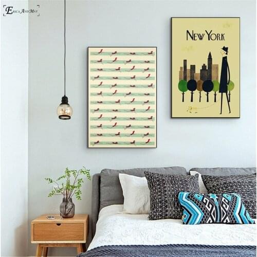 Swimming Girl Posture New York Vintage Canvas Prints Modern Painting Posters Wall Art Pictures For Living Room Decoration