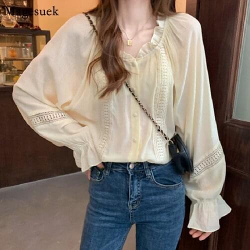 Korean Sweet Ruffles Chiffon Shirt Woman Long Sleeve Solid Loose Lasy Blouses And Shirts Hollow Out Plus Size Tops Blusas 14685
