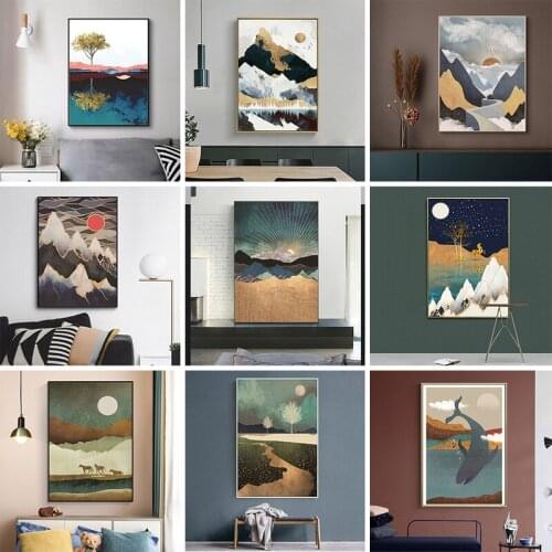 Nordic Modern Mountain Sunrise Canvas Painting Abstract Landscape Posters and Prints Wall Art Pictures for Living Room Decor