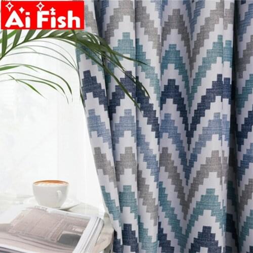 Nordic Style Modern Simple Single-sided Light Printing Blue Gray Wave Texture Thickened Blackout Curtains For Living Room #30