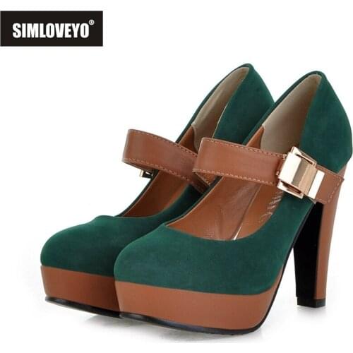 SIMLOVEYO 2021 New Concise Pumps Round Toe Shallow Mary Janes Platforms Buckle Strap 11cm Spike Heel US12 Green Blue Black A4275