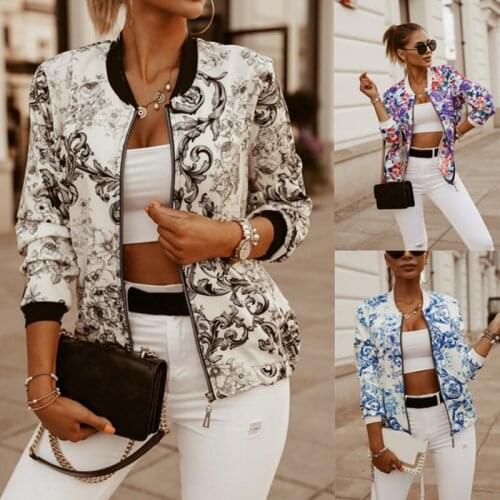 2021 Fashion Flower Print Long Sleeve Womens Bomber Jacket Zipper Up Vintage Coat Tops Elegant Slim Basic Ladies Jackets