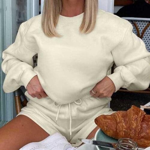 2021 Fashion 2Pcs Set Autumn Winter Solid Outfit Women Sport Casual Suit Tracksuit Long Sleeve Pullover Sweatshirt Tops+Shorts