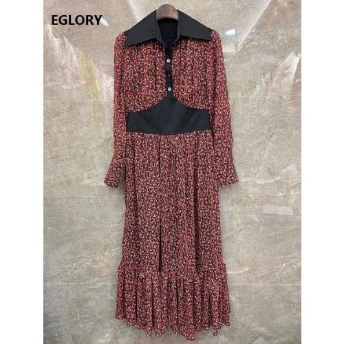 New Hot Sale Dress 2021 Spring Summer Woman Turn-down Collar Elegant Red Floral Print Long Sleeve Color Block Dress Female