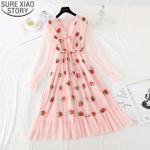 2021 New Mesh Party Dress for Women Sweet Pink Dress Summer V Neck Elastic Midi Long Dress Lace-up Sexy Print Maxi Dresses 14511