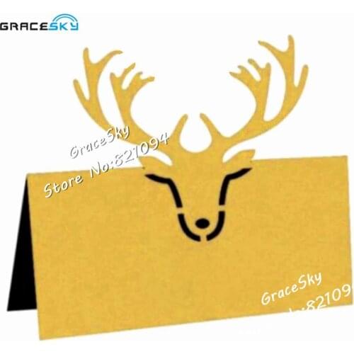 50Pcs free shipping laser cut Pearl Paper wapiti Design Christmas Party Invitation Seat Name Deer table Cards party Decoration