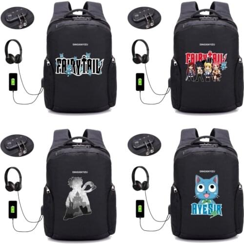 Anime Fairy Tail Backpack USB Charge Anti Theft Backpack School student Bags Men Women Travel Backpack Waterproof bag 18 style