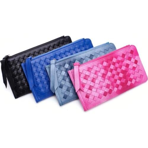 Genuine leather sheepskin women and men long wallet cross knitted panelled card holders