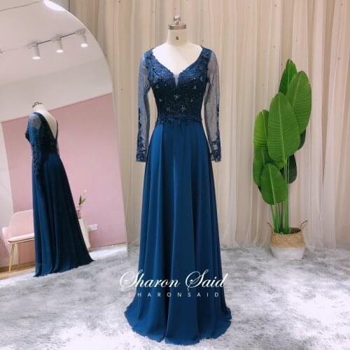 Elegant Navy Blue Long Sleeve Arabic Evening Dresses for Women Wedding Party Gowns Mother of the Bride Dress Plus Size Formal