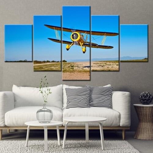 Canvas Painting yellow airplane flying in blue sky 5 Pieces Wall Art Painting Modular Wallpapers Poster Print Home Decor
