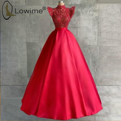 Arabic Style Red High Neck Evening Dresses Illusion Beaded A Line Floor Length Satin Evening Gowns Prom Party Dress