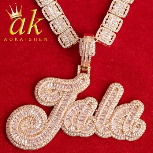 Custom Baguette Cursive Letter Pendant Micro Paved CZ Personalized Hip Hop Rock Jewelry