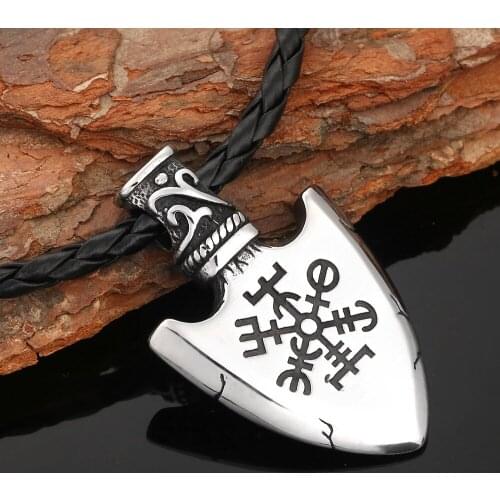 KDG Western Cowboy Stainless Steel Viking Shield Necklace Mens Double-sided Nordic Rune Spear Pendant Genuine Leather Jewelry