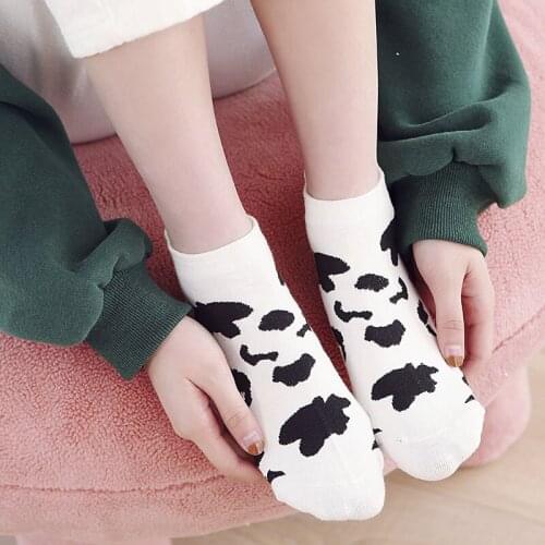 New Cartoon Print Ankle Socks Women Cow Embroidery Stripes Spring Summer Cotton Short Socks for Ladies Girls Female Socks Sokken