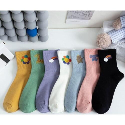 Pattern Crayon Drawing Rainbow Candy Color Cartoon Animal Warm Socks Funny Breathable Ladies Streetwear Short Cotton Women Socks