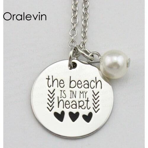 New Fashion THE BEACH IS MY HEART Inspirational Hand Stamped Engraved Custom Pendant Female Necklace Jewelry,10Pcs/Lot, #LN2109