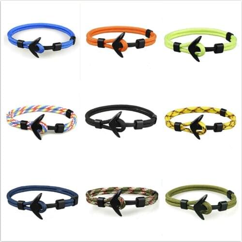 New Fashion Black Color Anchor Cuff Bracelets Men Survival Rope Chain Paracord Bracelet Metal Sport Hooks